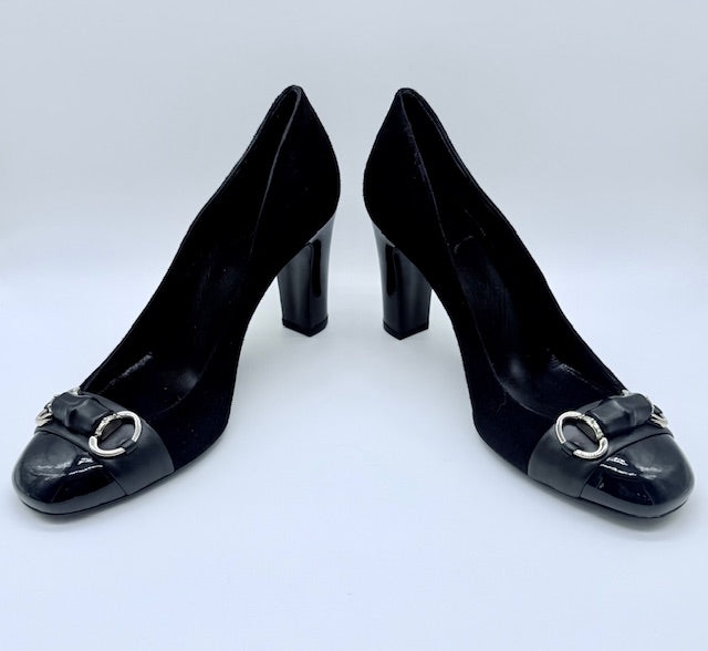 Gucci Horsebit Black Suede & Patent Toe Pumps