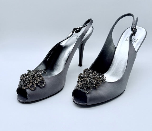 Stuart Weitzman Crystal Embellished Satin Slingback Heels
