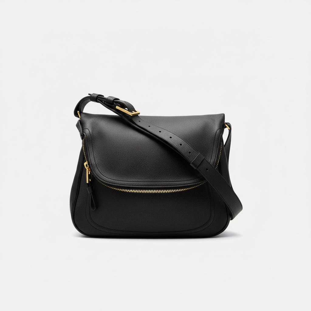 TOM FORD Classic Black Grain Leather Shoulder Bag
