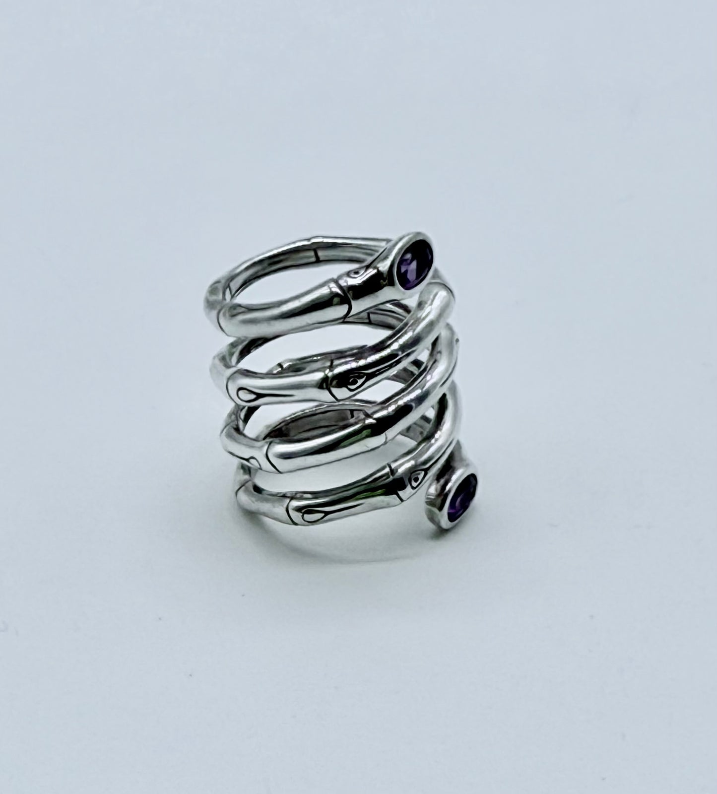 John Hardy Naga Coil Ring – Sterling Silver Multi-Wrap Snake with Amethyst Eyes