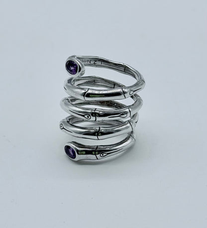 John Hardy Naga Coil Ring – Sterling Silver Multi-Wrap Snake with Amethyst Eyes