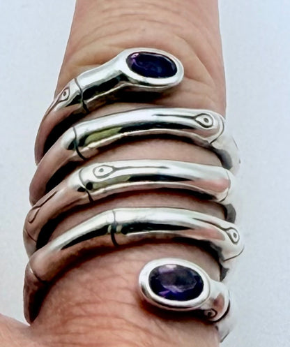 John Hardy Naga Coil Ring – Sterling Silver Multi-Wrap Snake with Amethyst Eyes