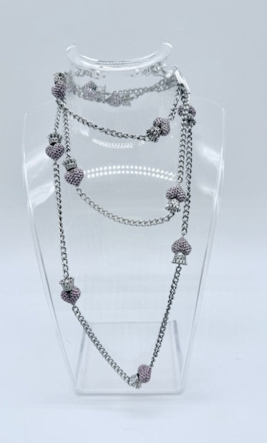 KING BABY Studio – Queen Baby Long Silver Necklace with Pavé Crown Hearts