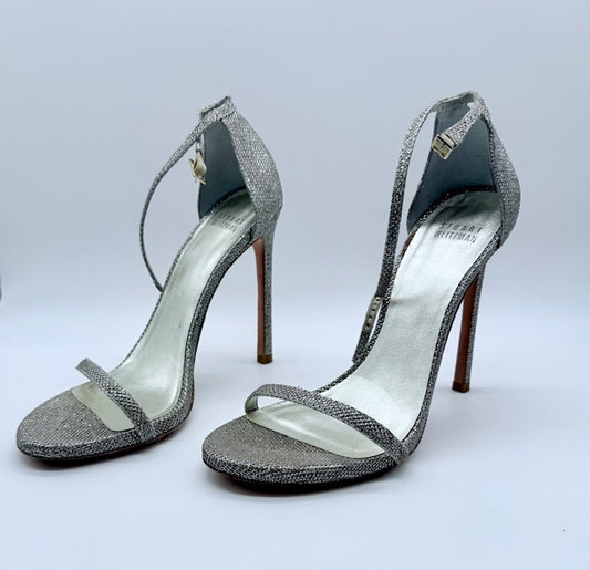 Stuart Weitzman “Nudist” Silver Glitter Heels