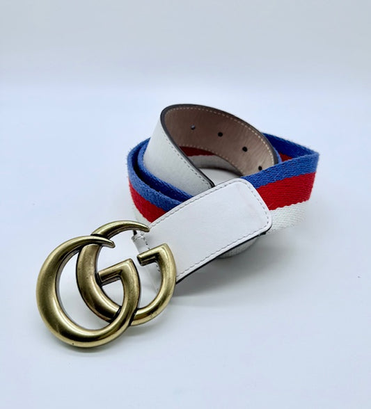 Gucci GG Marmont Web Stripe Belt – White Leather & Red/White/Blue Canvas