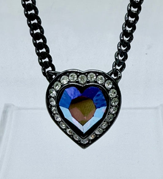 Saint Laurent Crystal Heart Pendant Necklace – Gunmetal