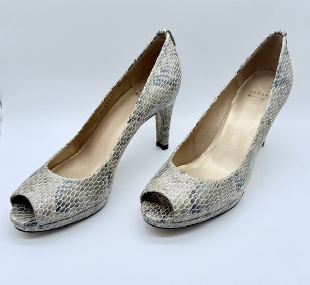 Stuart Weitzman Snakeskin Embossed Peep Toe Heels Women's Size 8