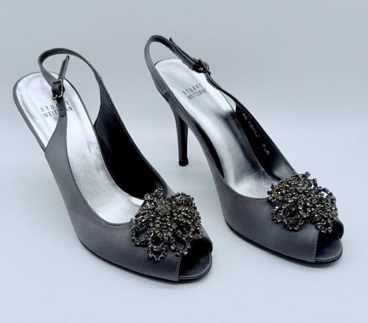 Stuart Weitzman Crystal Embellished Satin Slingback Heels