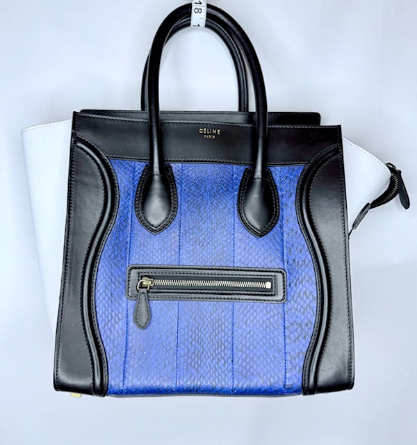 CELINE Luggage Tote – Black Leather with Blue Python