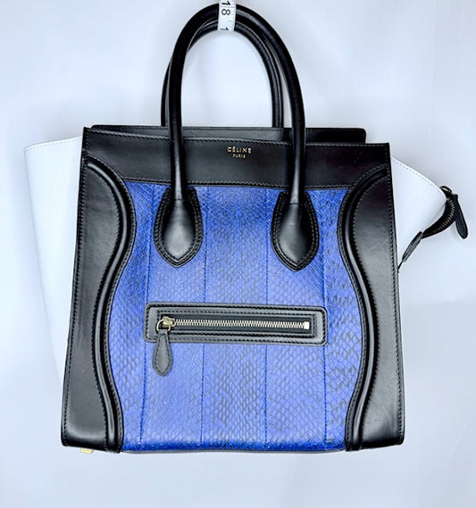 CELINE Luggage Tote – Black Leather with Blue Python