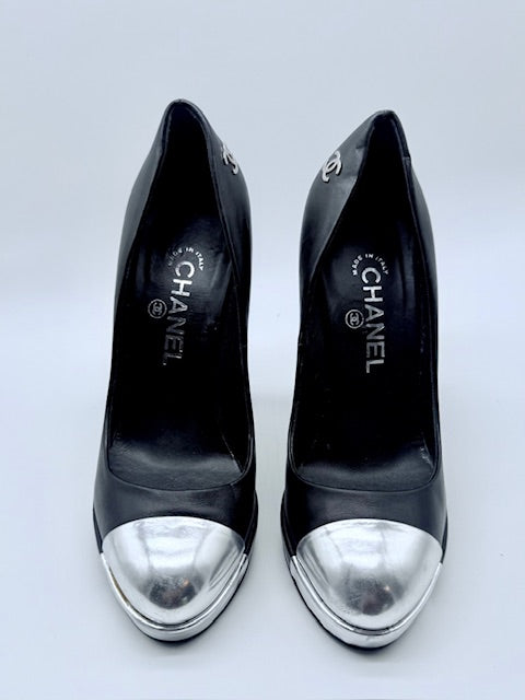 Chanel Black Leather Cap-Toe Platform Pumps Size EU 38