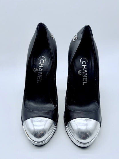 Chanel Black Leather Cap-Toe Platform Pumps Size EU 38